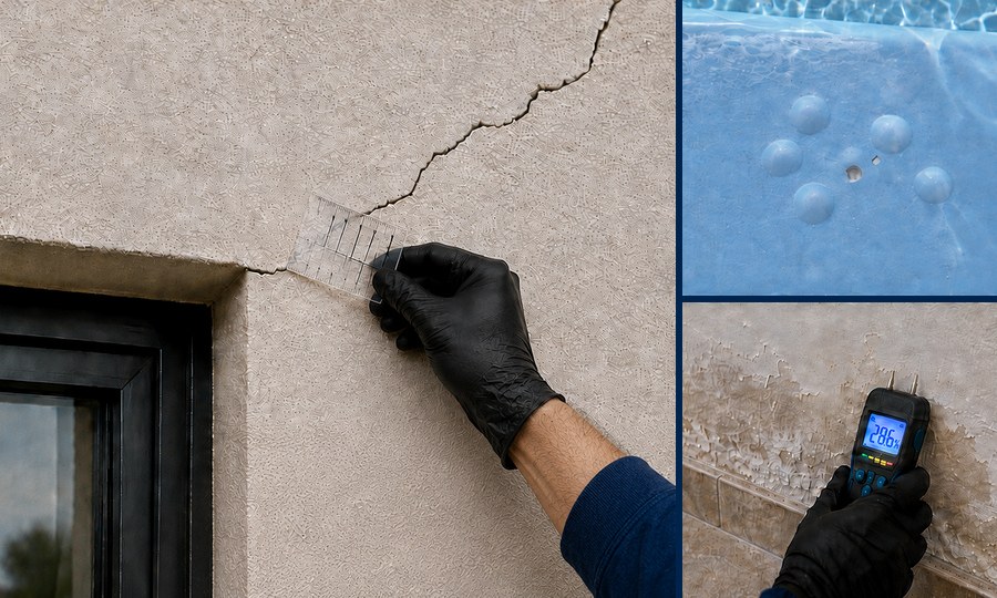 Sur le terrain : relevé d'une fissure au réglet sur une façade, test d'étanchéité au colorant dans un bassin, mesure d'humidité à l'humidimètre sur un mur